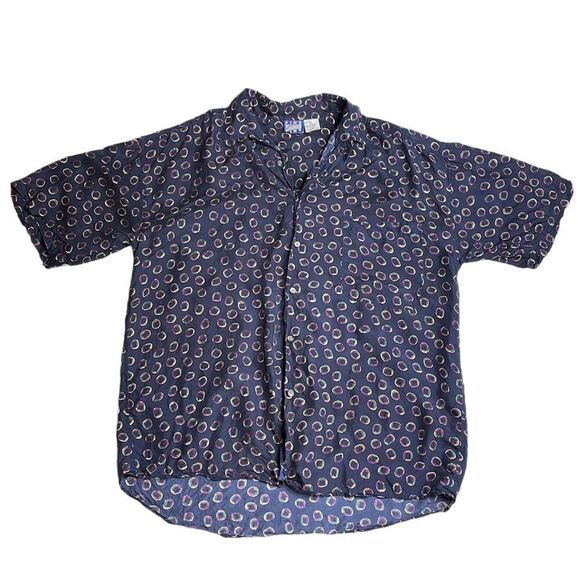 Vintage Fine Line All over Print Silk Button Down Blue Large - Picture 1 of 7